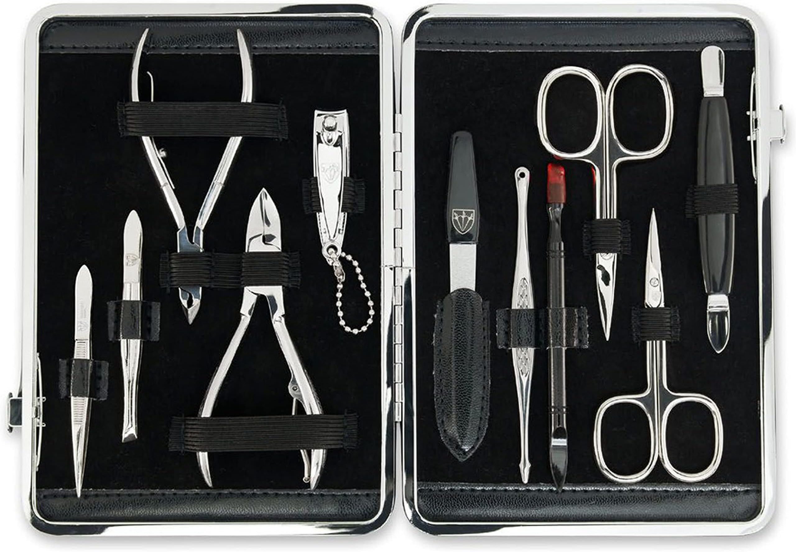 - brand quality 11 piece manicure pedicure grooming kit set for professional finger & toe nail care scissors clipper fashion leather case in gift box, Made by 3 Swords (00255)