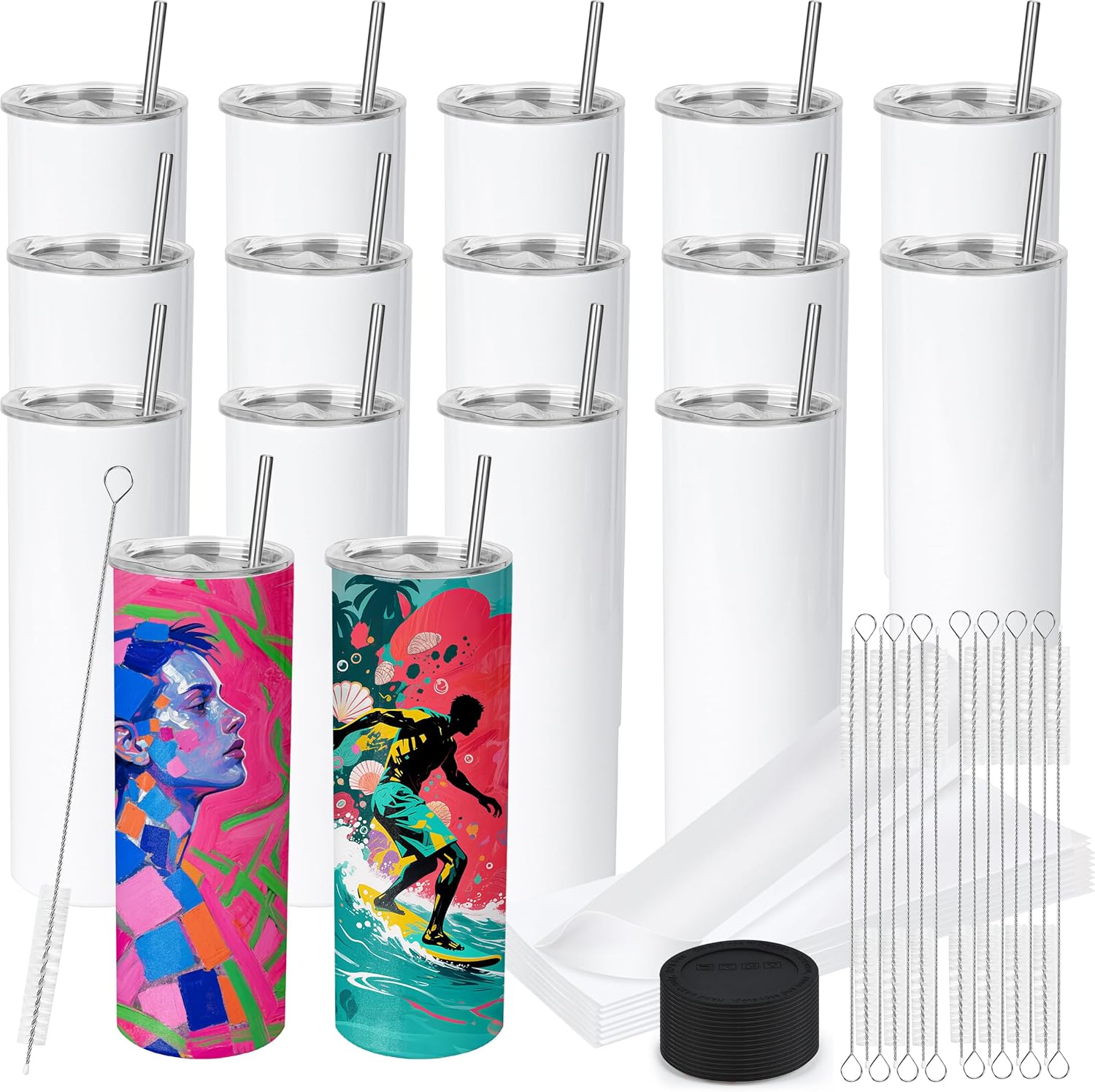 Joyclub 16 Pack Sublimation Tumblers Blanks 20 oz Flat Edge Skinny Straight Sublimation Cups With Lids and Straws for Heat Press No Gift Boxes