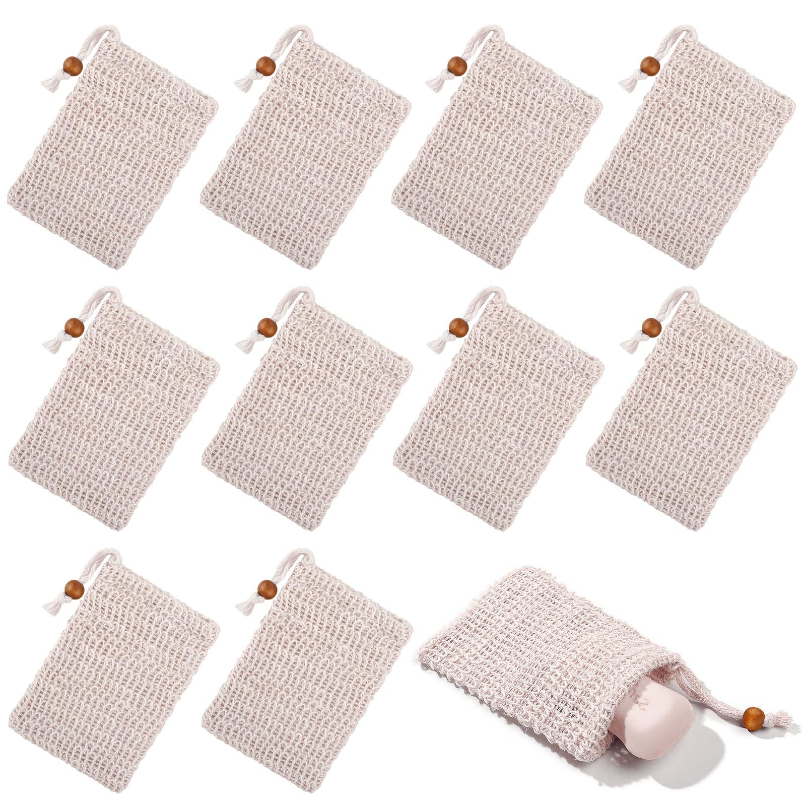 10 Stück Seifensäckchen Bio, Natürliches Sisal Seifenbeutel, Seifensäckchen für Feste Seife, Sicherer und Langlebiger Sisalfaser Seifensäckchen, Kordelzug Massage Seifensack, für Feste Seife Mesh
