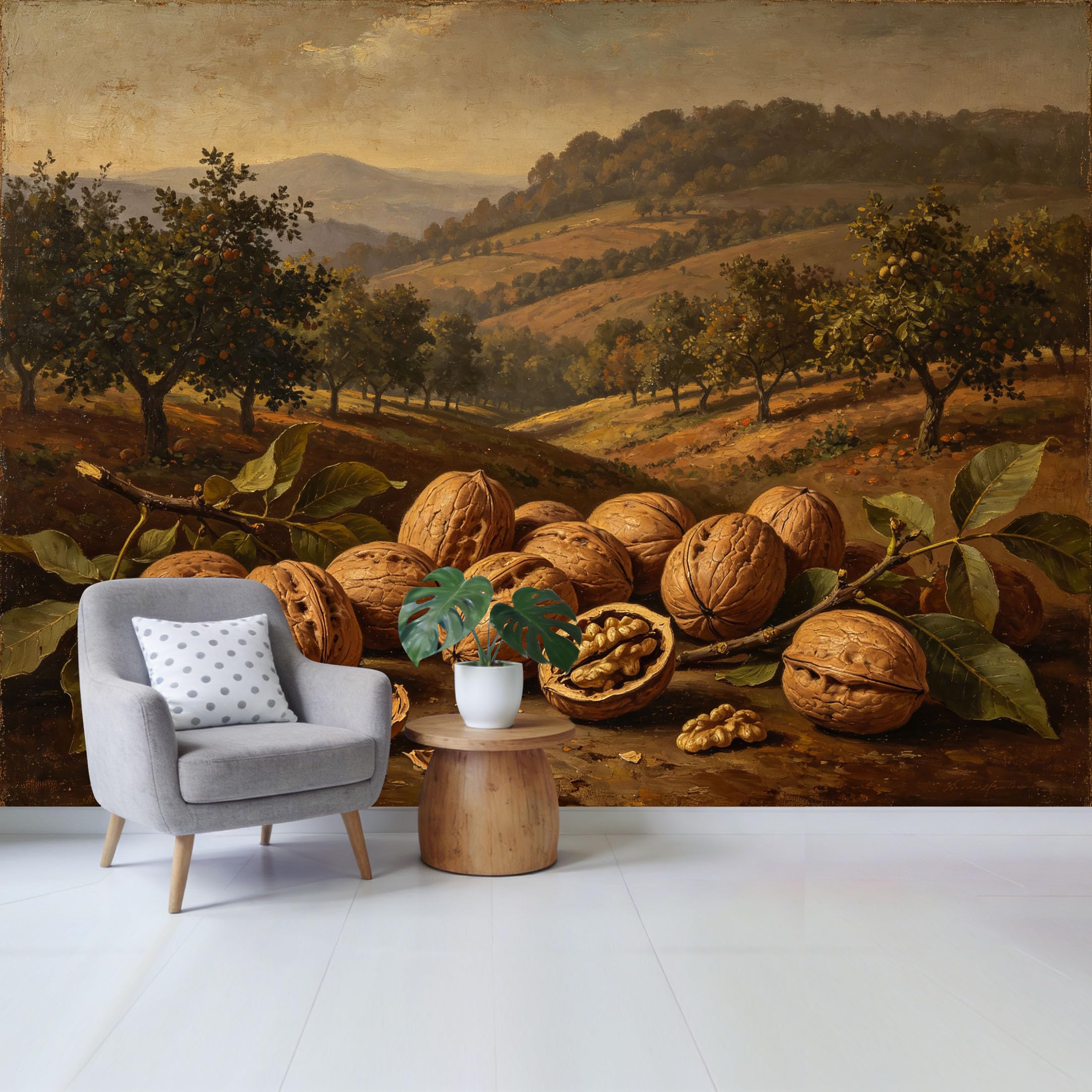 Qzlithotic Yq2605250332 Custom Size Wall Mural Still Life Walnut Fruit Orchard Landscape Oil Painting Selfadhesive Wall Fabric Removable Wallpaper For Home Office Decor