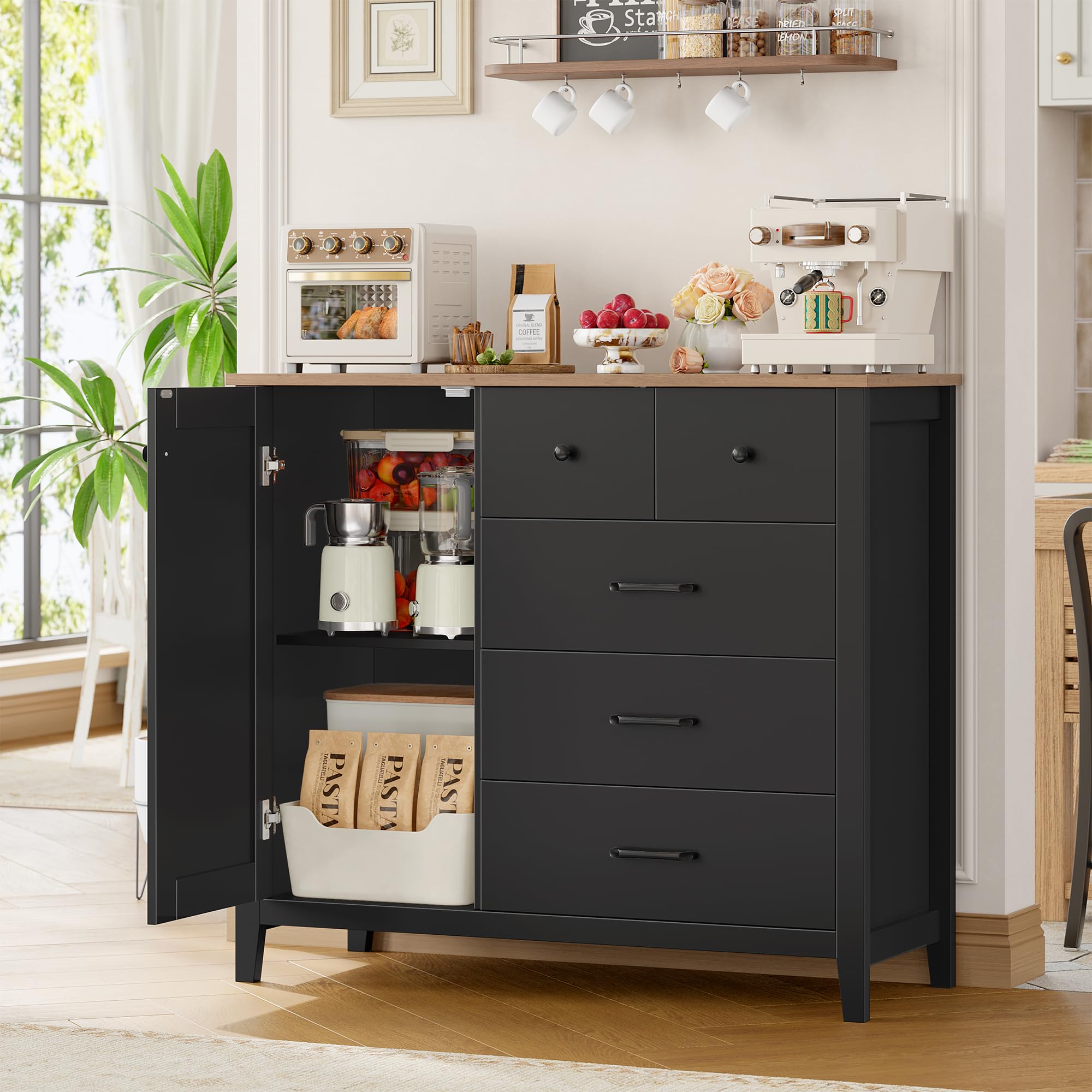 HOCSOK Aparador Cocina Negro con 5 Cajones y 1 Puerta, Aparadores | Estantes ajustables, Mueble Auxiliar de Almacenaje Moderno con Amplia Encimera, Ideal para Cocina, Comedor y Salón