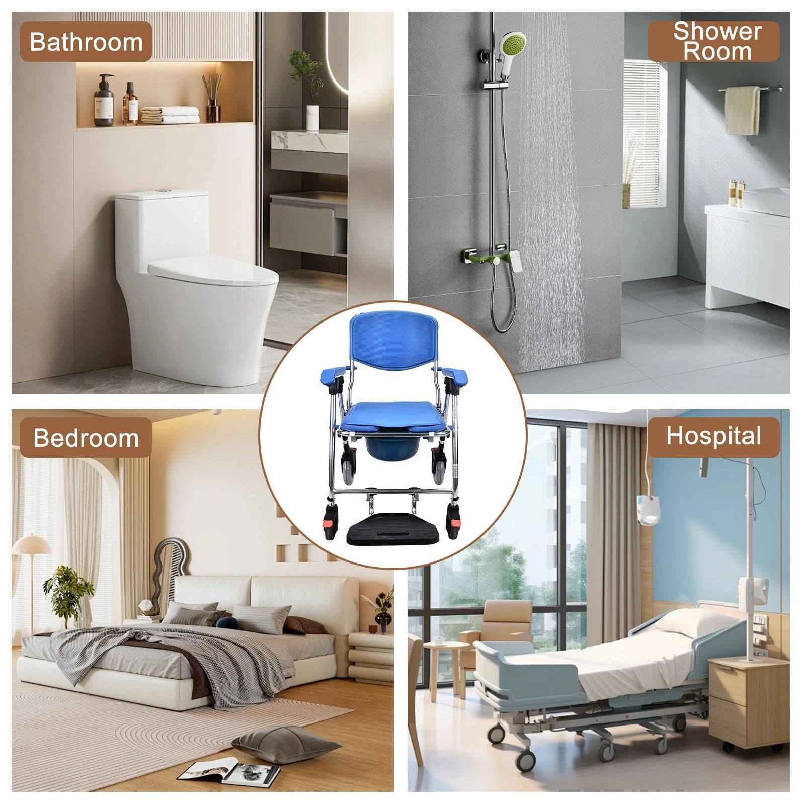 Sedia Comoda WC per Anziani con Rotelle, 3-in-1 Sedia a Rotelle Pieghevole per Anziani con WC, 150kg Blu Sedia Doccia Disabili con Ruote e Morbido Cuscino