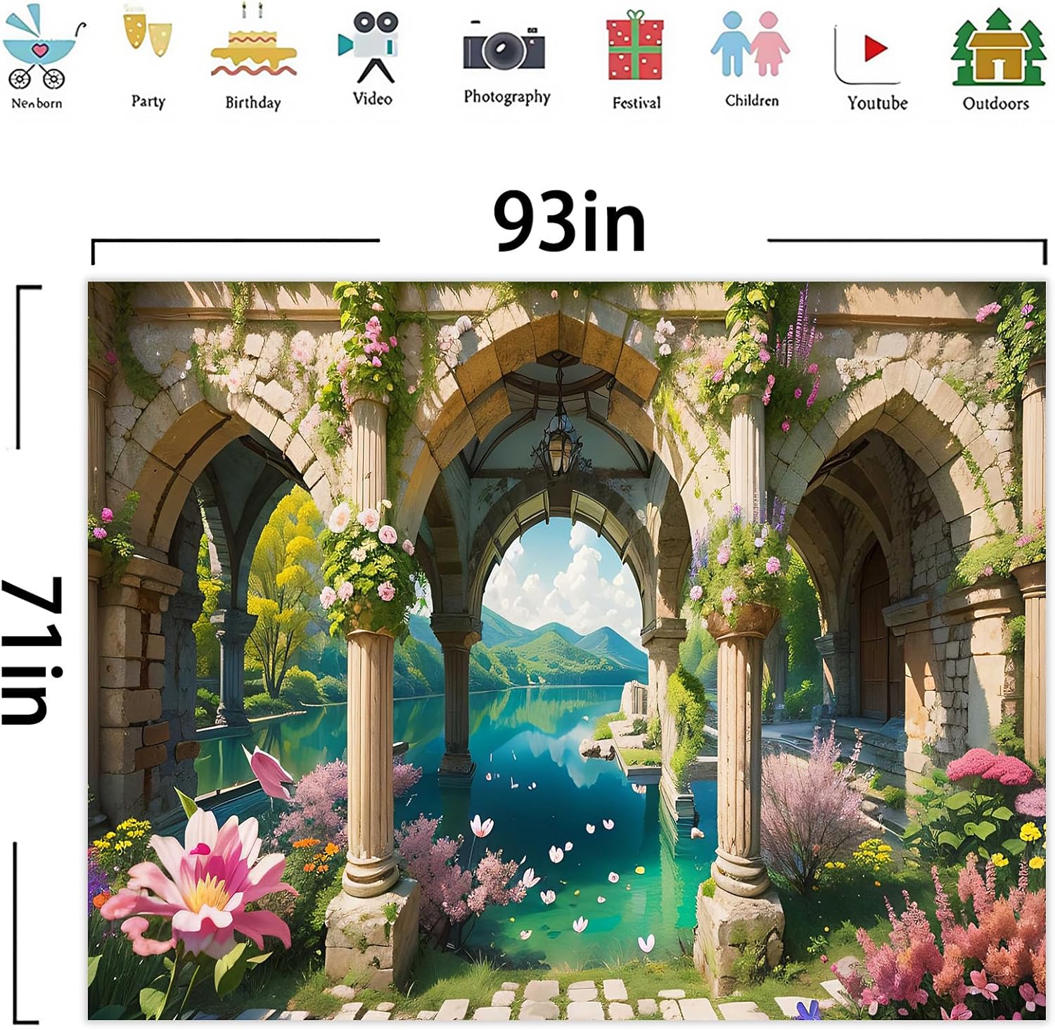 OSUNBD European Palace Garden Tapestry 93x71 Inch - Vintage Garden & Mountain Sea View Landscape, Flannel Wall Hanging for Living Room/Bedroom/Dorm, Floral Arch Balcony Decor
