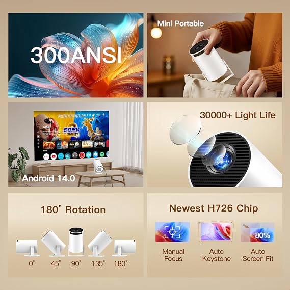 [Built-in Apps & 2026 Upgraded] Mini Projector with Wi-Fi 6 & Bluetooth 5.4, 1080P 4K Support Full HD, Auto Keystone 360 Portable Home Cinema Smart Projector for iOS/Android X1