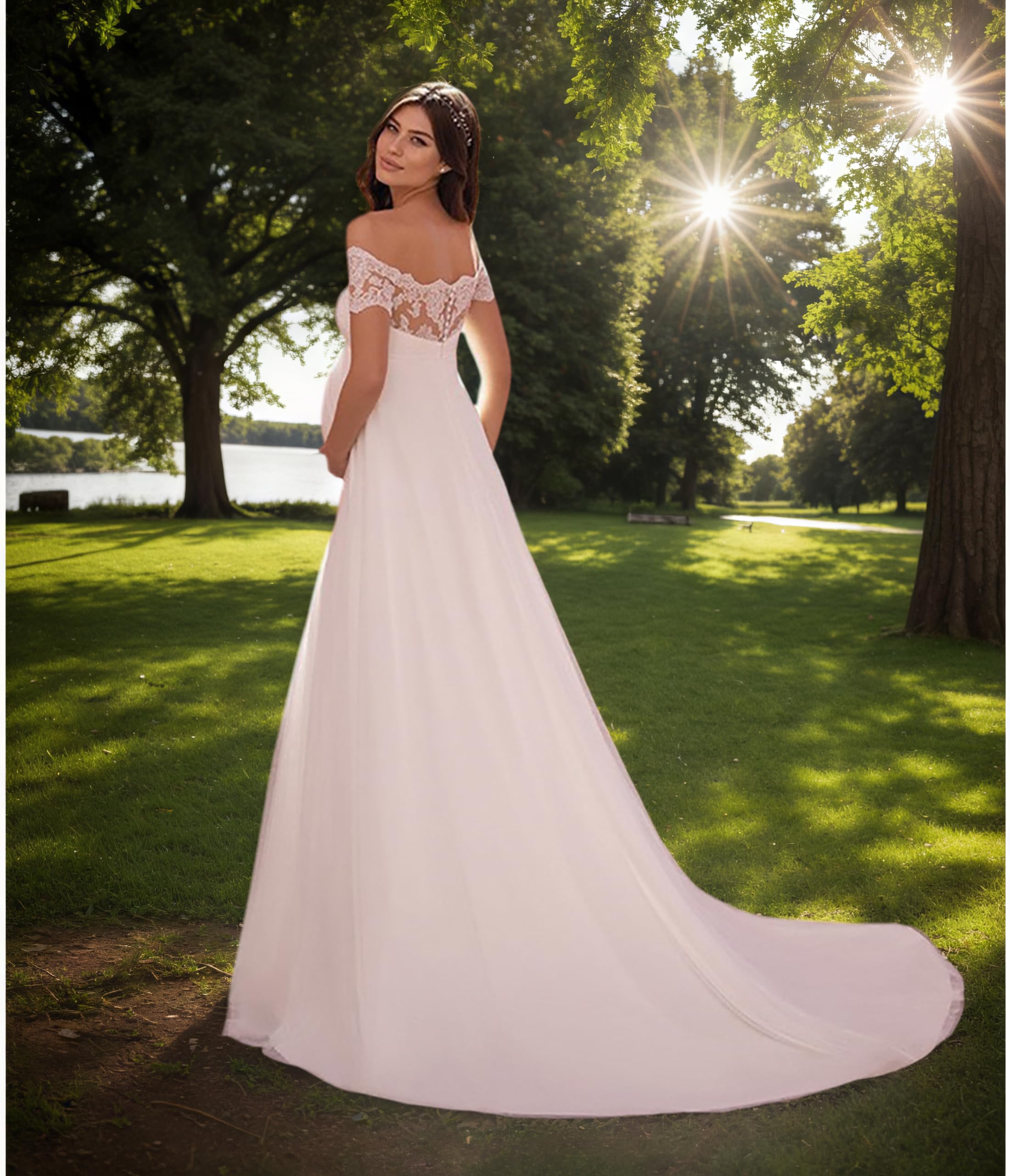 A-Linie Umstandsbrautkleid Chiffon Lang Brautkleider Hochzeitskleider mit Spitze Babyparty Fotoshooting Kleid