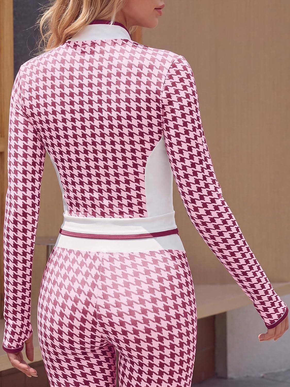 Aoysky Womes Houndstooth Workout Jackets Zip Up Crop Tops with Thumb Holes