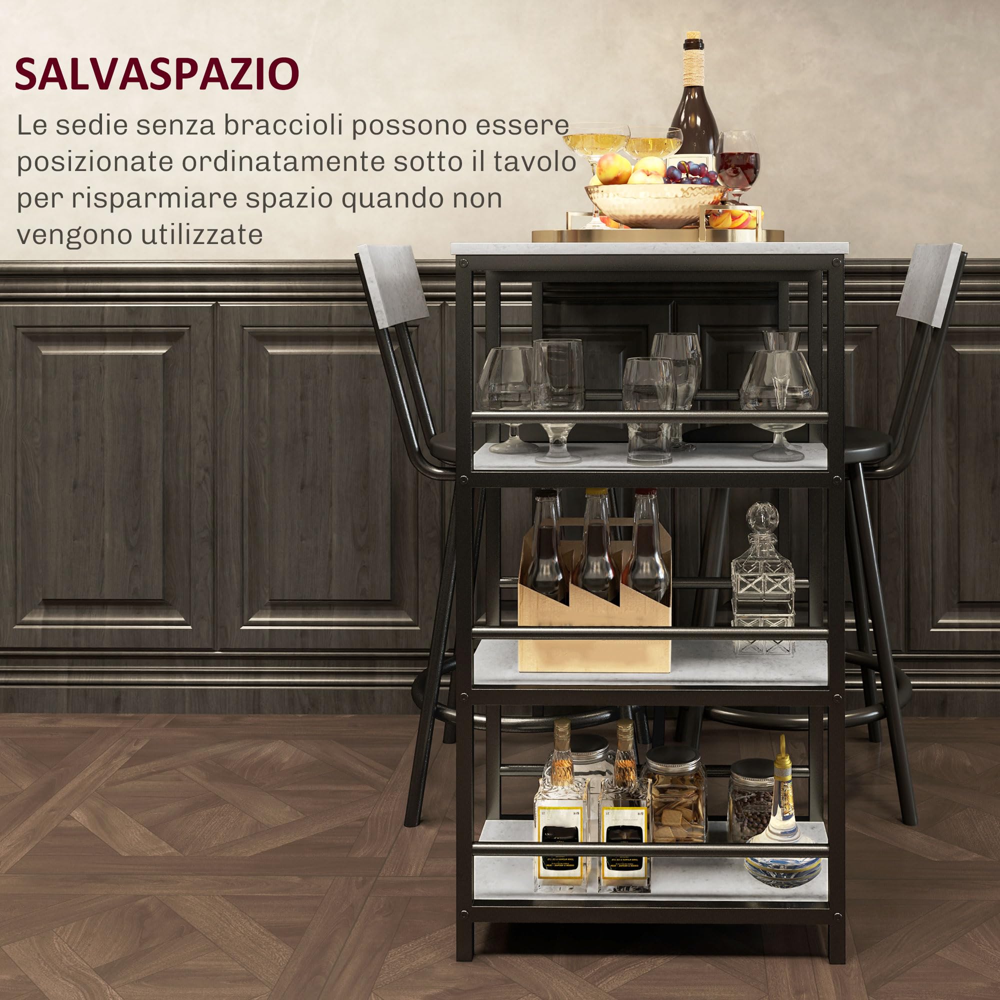 HOMCOM Set Tavolo Bar con 2 Sgabelli, Bancone Bar con 3 Ripiani, Tavolo Alto con Sgabelli Bar con Schienale, Tavolino Bar per Pranzo, Soggiorno e Cucina, Grigio Chiaro