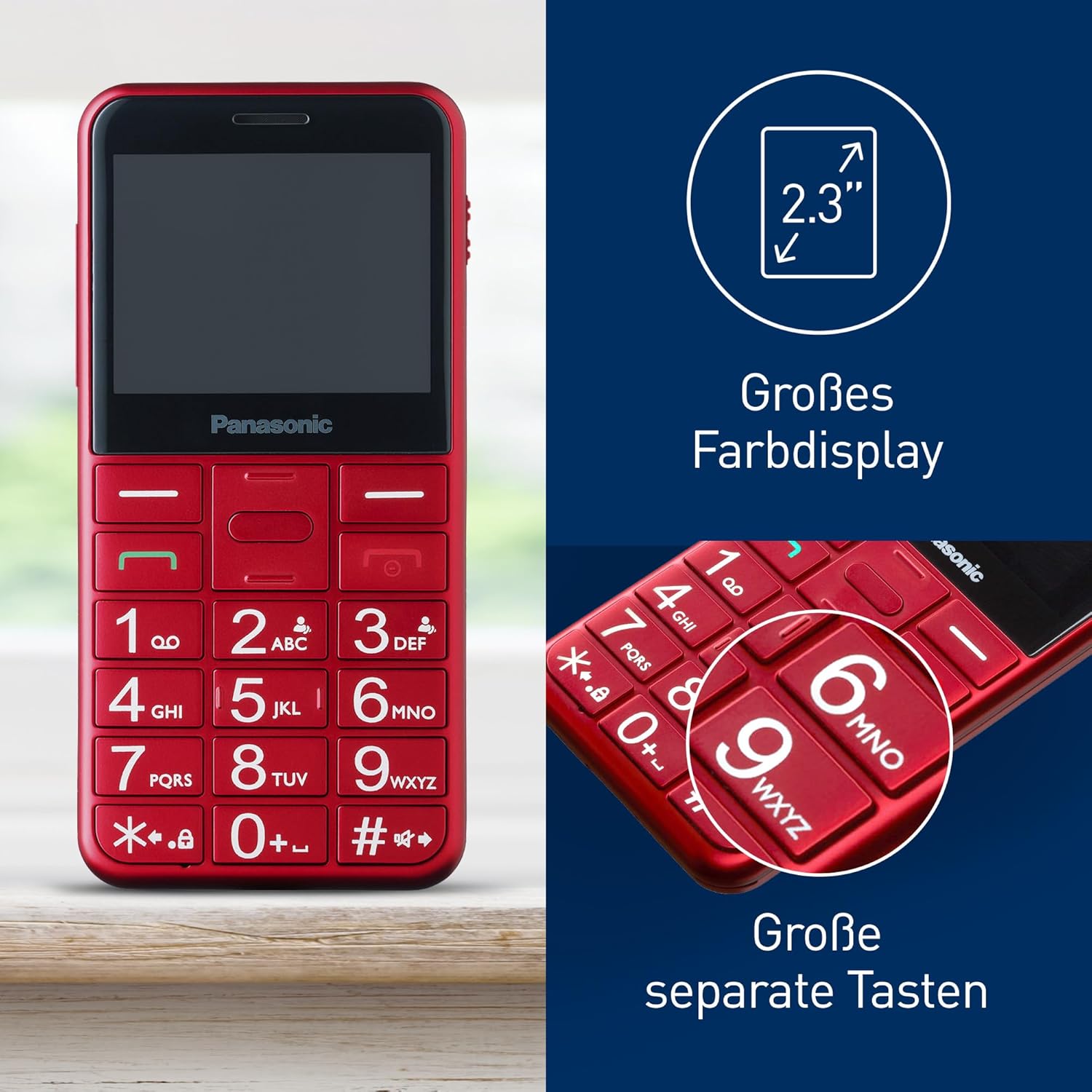 Panasonic KX-TU155EXRN 2G Essentials Handy für Senioren (Ladestation, SOS-Notfalltaste, Prioritätsanruf, Großtastentelefon, hörgerätekompatibel, Bluetooth, UKW-Radio, Kamera) Rot Rot Single