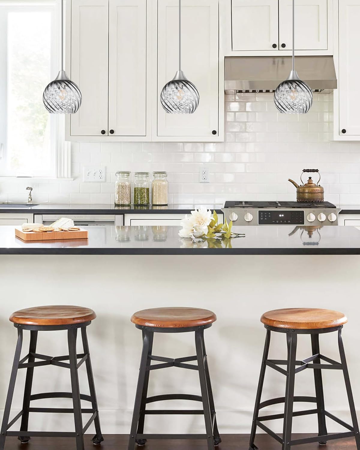 3 Pack 1 Light Hanging Indoor Kitchen Island Pendant Light 6.3" Clear Stripe Grey Glass Pendant Ceiling Light Fixtures Brushed Nickel Finish,Modern Farmhouse Dinning Over Sink