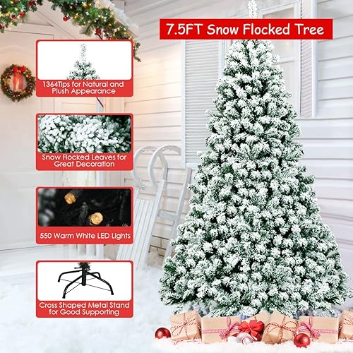 Miniatura 5 de GOFLAME Árbol de Navidad flocado de nieve preiluminado de 7.5 pies, pino clásico con bisagras con soporte plegable, hojas de PVC, luces LED blancas