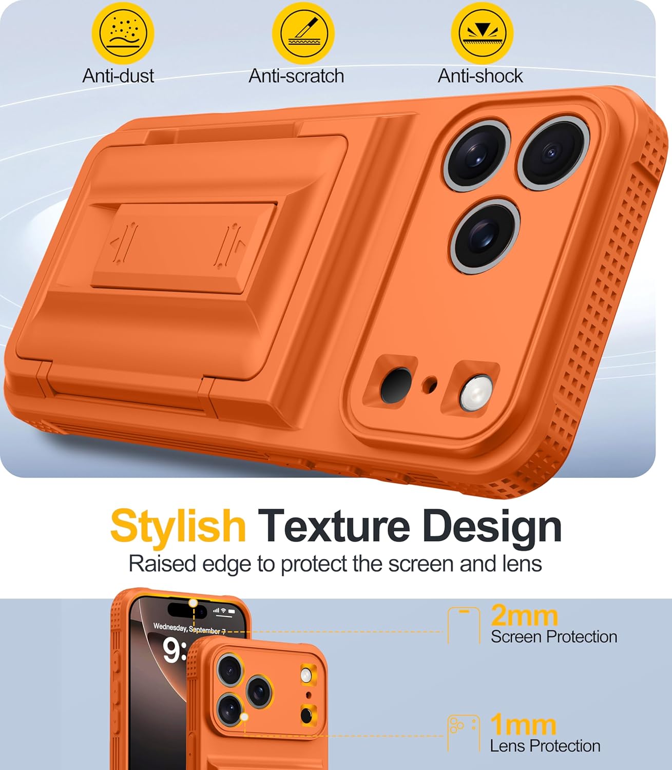 for iPhone 17 Pro Max Case with Card Holder（4-5 Cards）[9H Screen Protector ][Full Camera Protection][RFID Blocking][Hidden Kickstand]Rugged Heavy Duty Wallet Case for iPhone 17 Pro Max, Orange