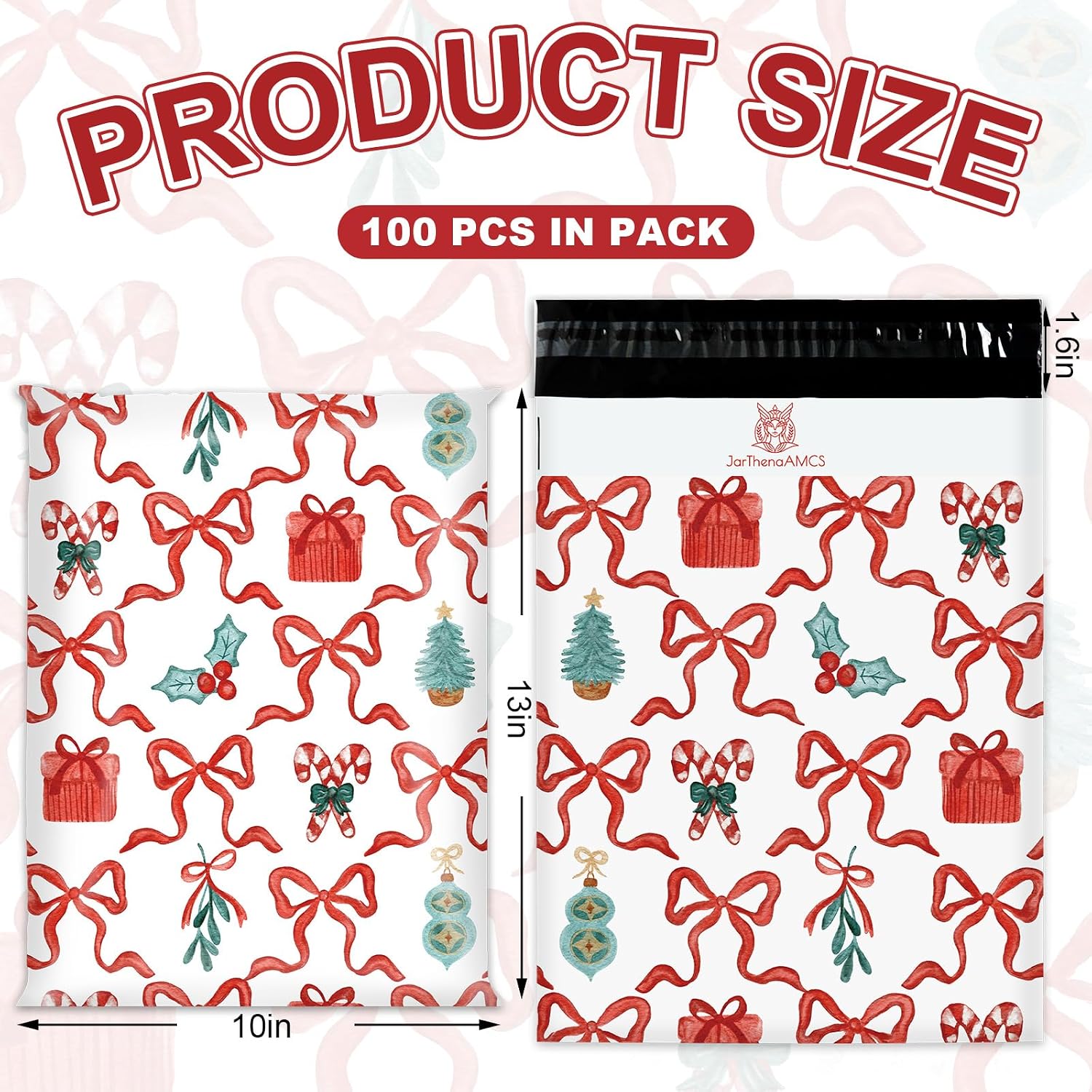 JarThenaAMCS 100 Pcs Christmas Poly Mailers 10 x 13 Inch Red Bow Candy Cane Envelope Mailers Xmas Self-Sealing Plastic Packaging Mailing Bags for Small Business Clothing