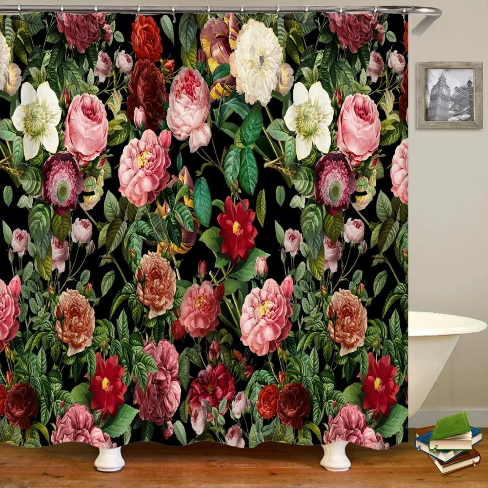 Rideau de douche en polyester style floral impression 3D fleurs rideaux bain 178x198cm