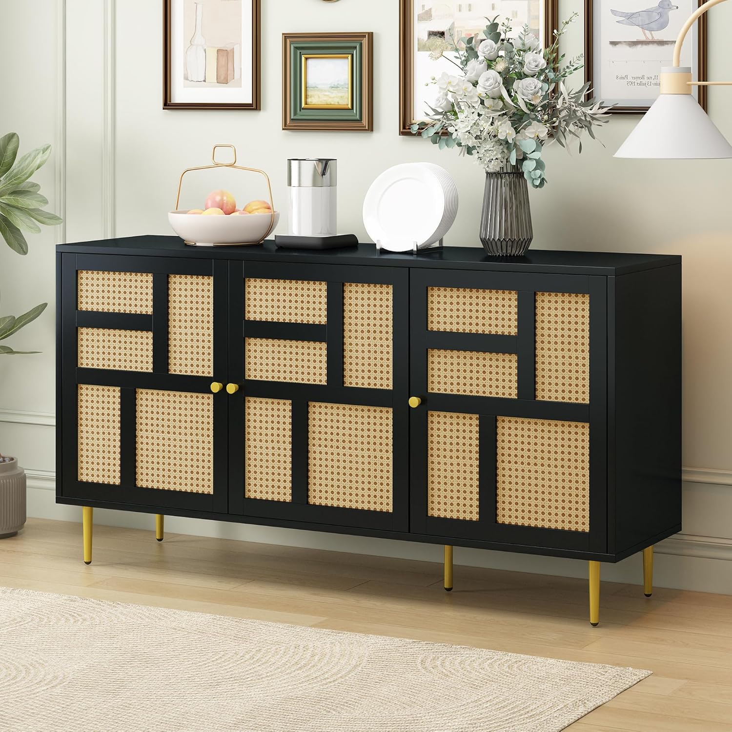 KLMM Modern Storage Cabinet with Rattan Door and Adjustable Shelves,TV Stand for Televisions up to 55", Entertainment Center Console Table for Living Room (Black/TV)