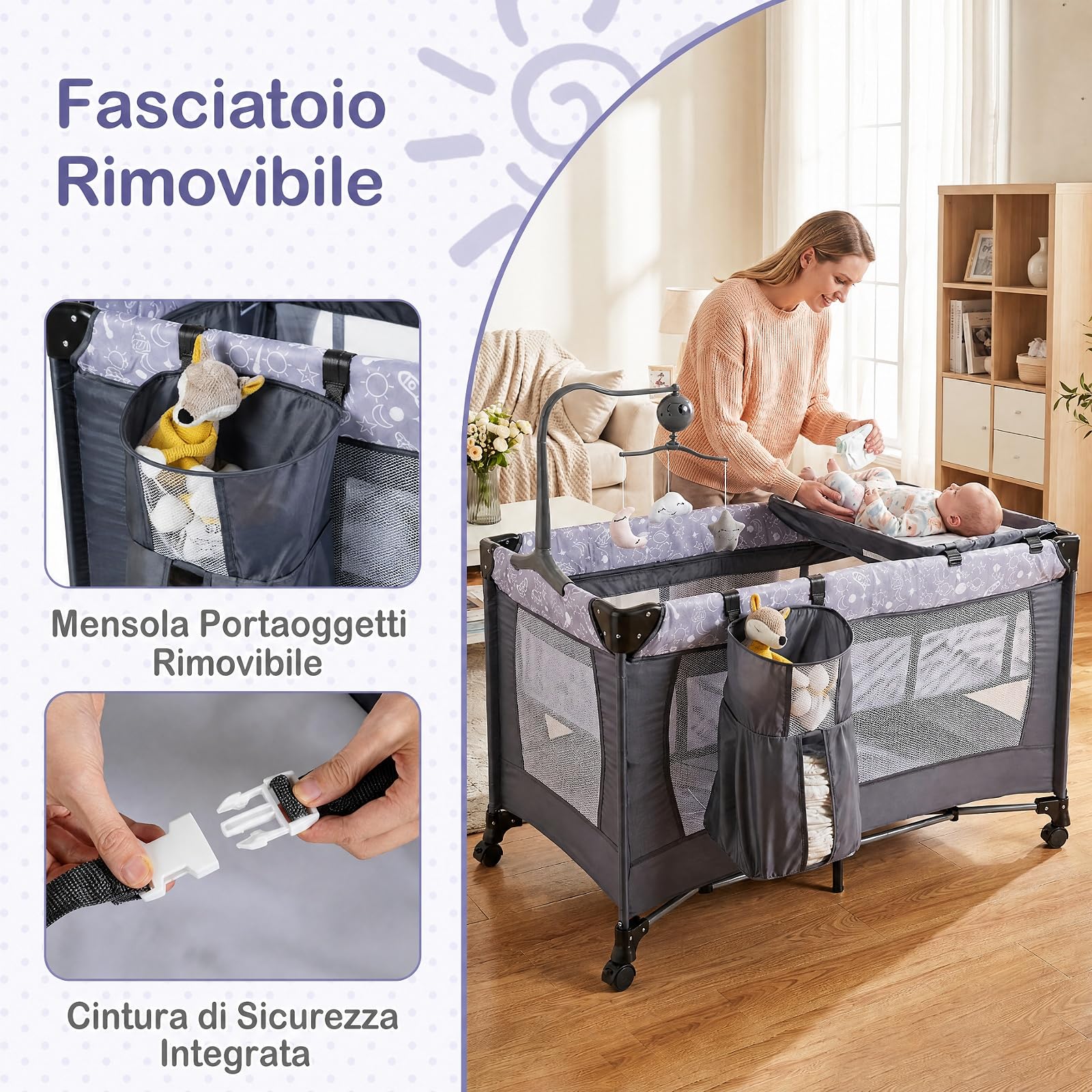 COSTWAY Lettino Pieghevole da Viaggio per Bambini, con Materasso e Ruote | Fasciatoio con Cintura di Sicurezza, Recinto e Tasca Portaoggetti, Lettino con Barra Giocattoli e Scatola Musica, 0-3 Anni