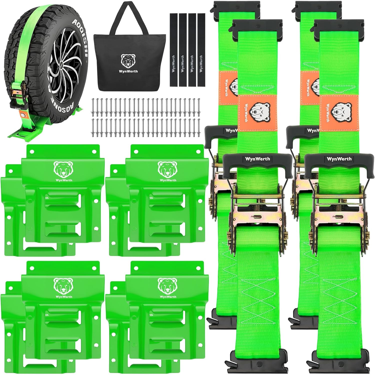 Wheel Chock Tie Down Straps kit for Trailers, E-Track Heavy-Duty Wheel Tie-Down Set for Lawn UTV ATVs, SUV,Mowers and Tractors – 4500 lbs Break Strength, 4-Pack 2in x 8ft