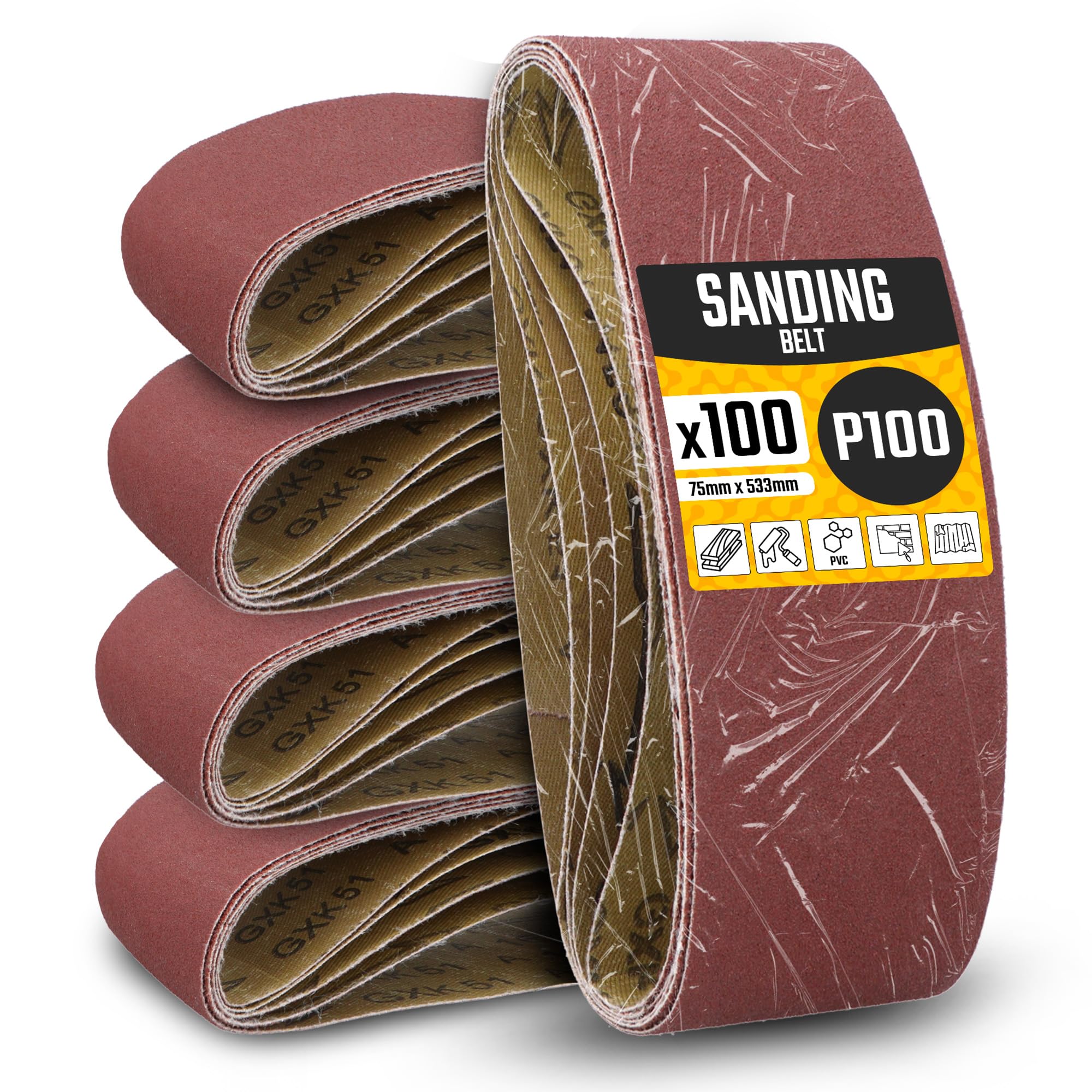 100x Banda Lijadora 75x533 mm P100 Lijadora Máquina Cinta Tela Desbaste Afilado Desbarbado Eliminación Óxido Madera Metal Plástico Resistente Duradero Agarre Firme