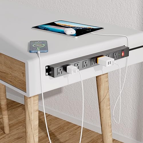 Miniatura 4 de Regleta de alimentación de 8 tomas de corriente de 10 pies de largo, tira de alimentación industrial resistente de metal con amplio espaciado, con