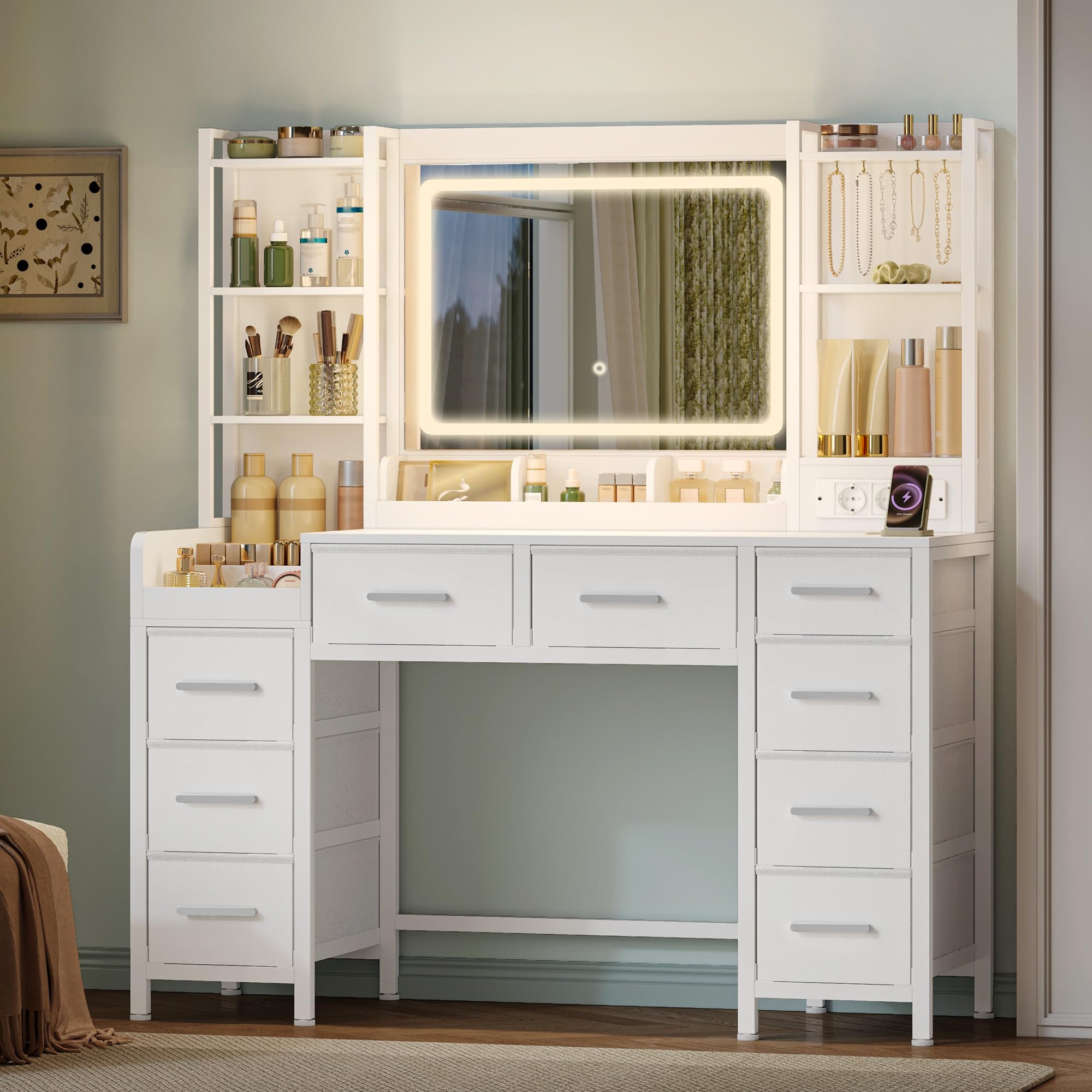 Hzuaneri 120 cm Toeletta con Specchio, Scrivania da Trucco, Toeletta con LED e Prese, 9 Cassetti, vani Portaoggetti Aperti, 40 x 120 x 141,5 cm, Bianco 1130103WEU