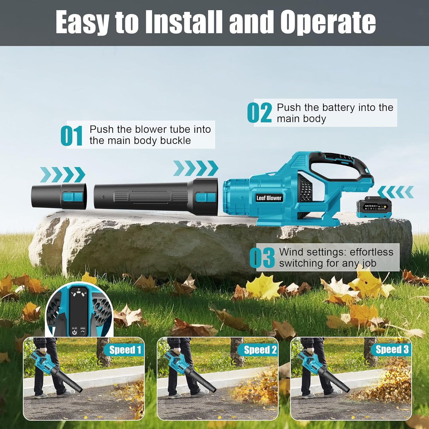 Leaf Blower Cordless 21V, Battery Leaf Blower with 2 x 4.0Ah Batteries and Charger, 3 Speed Modes, Handheld Cordless Blower for Lawn Care, Blowing Leaves, Small Gravel, Blue