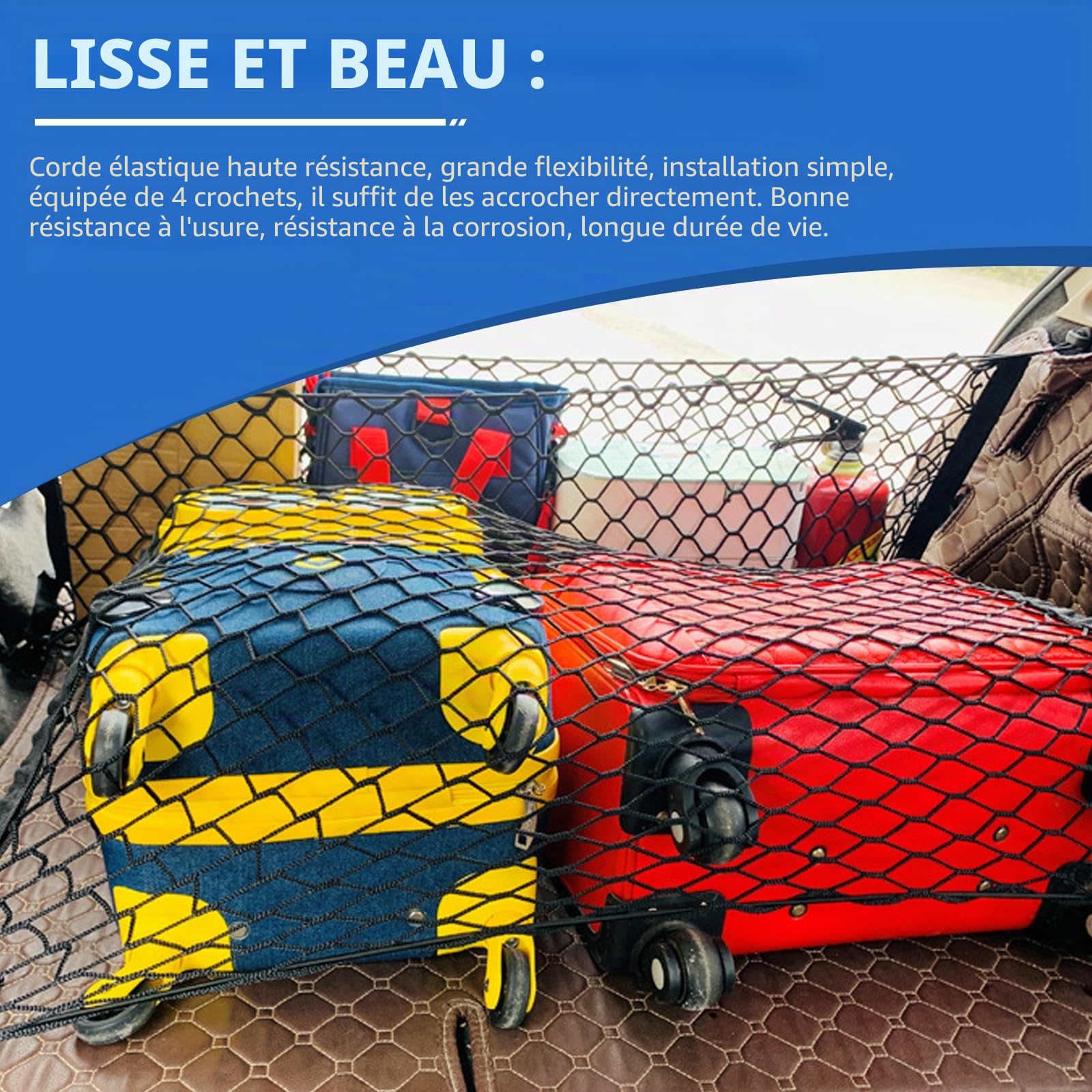 GOMETY Grille de protection voiture barrière filet de séparation, grille pour chiens pour coffre, 120x90 cm, double couche polypropylène avec 4 crochets, universelle pour chiens, filet de séparation