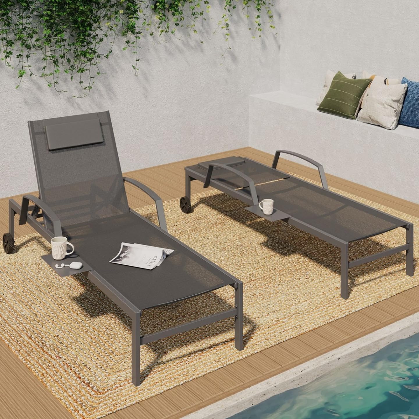 IDMarket - Lot de 2 transats de Jardin inclinables Java avec tablettes en Acier Gris et Toile Grise