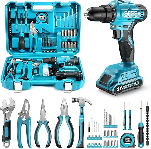 Seesii Kit de herramientas de taladro inalámbrico de 21 V, juego combinado de herramientas eléctricas de 190 piezas, kit de herramientas de mano con