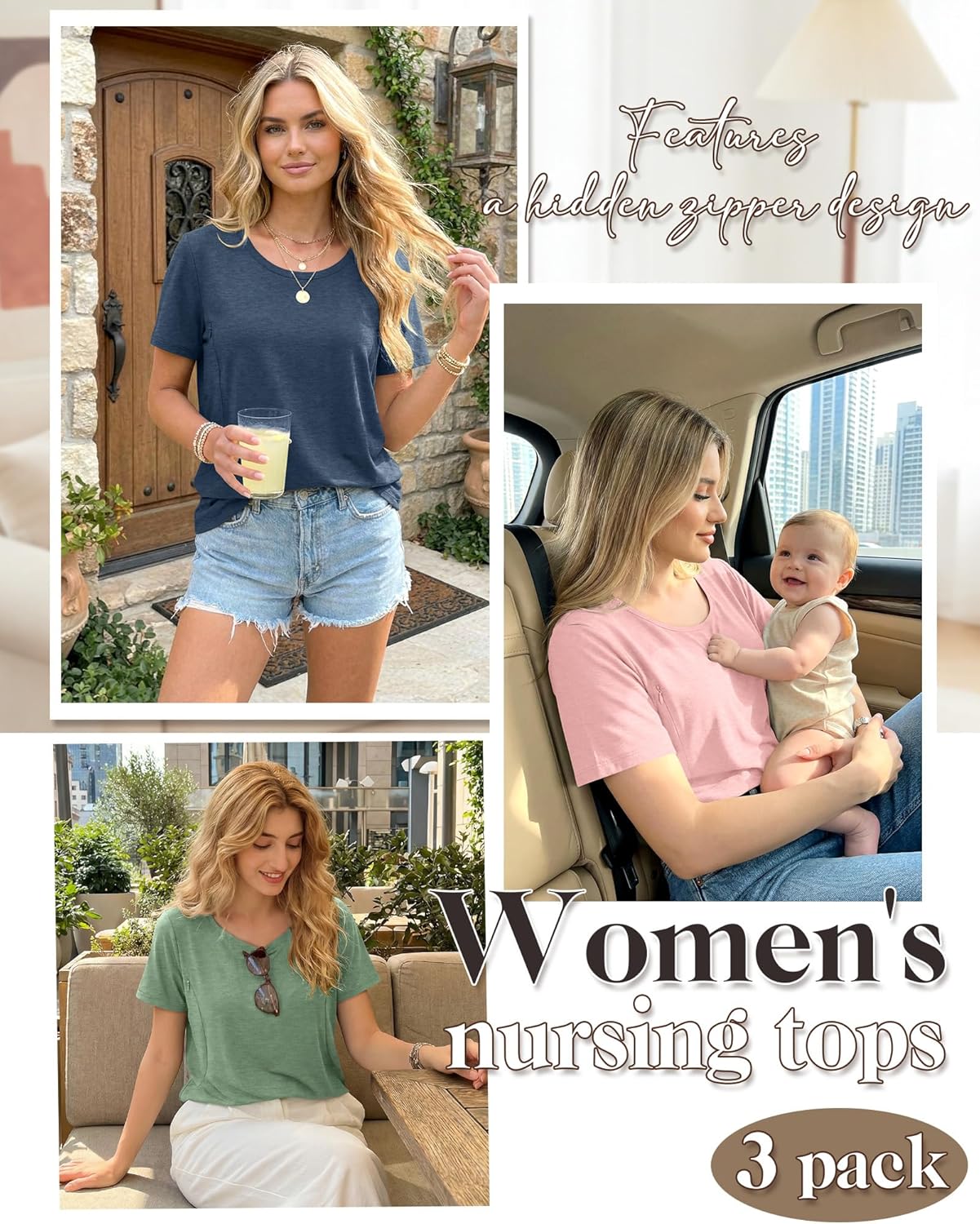 3 Pack Women's Nursing T Shirts Breastfeeding Hidden Zipper Short Sleeve Tops Crew Neck Casual Maternity Tees