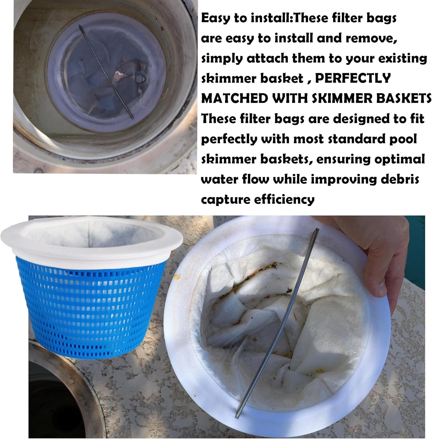 3 Pack Reusable Pool Skimmer Socks Pool Filter Bags for Skimmer Baskets Pool Debris Cleaner for Inground & Above Ground Pool Pumps