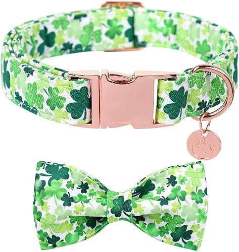 DOGWONG Collar de perro del día de San Patricio, lindo collar de perro de trébol con lazo, collar de perro de trébol de algodón con hebilla de metal