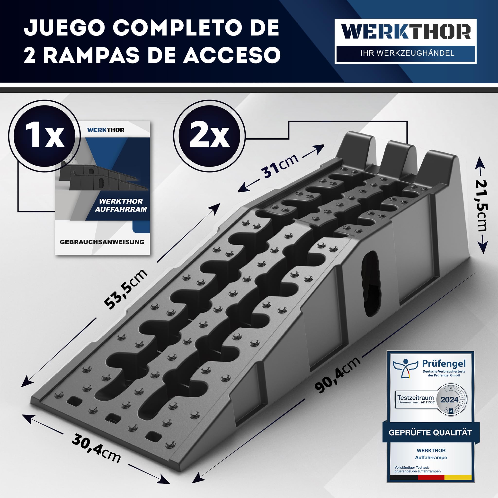 WERKTHOR Coche Rampa Drive-on - [Juego de 2] Rampas Drive-on para Máximo Agarre [<5t] - Coche Rampa Resistente para Cualquier Superficie - Rampas para Coches 2 Piezas