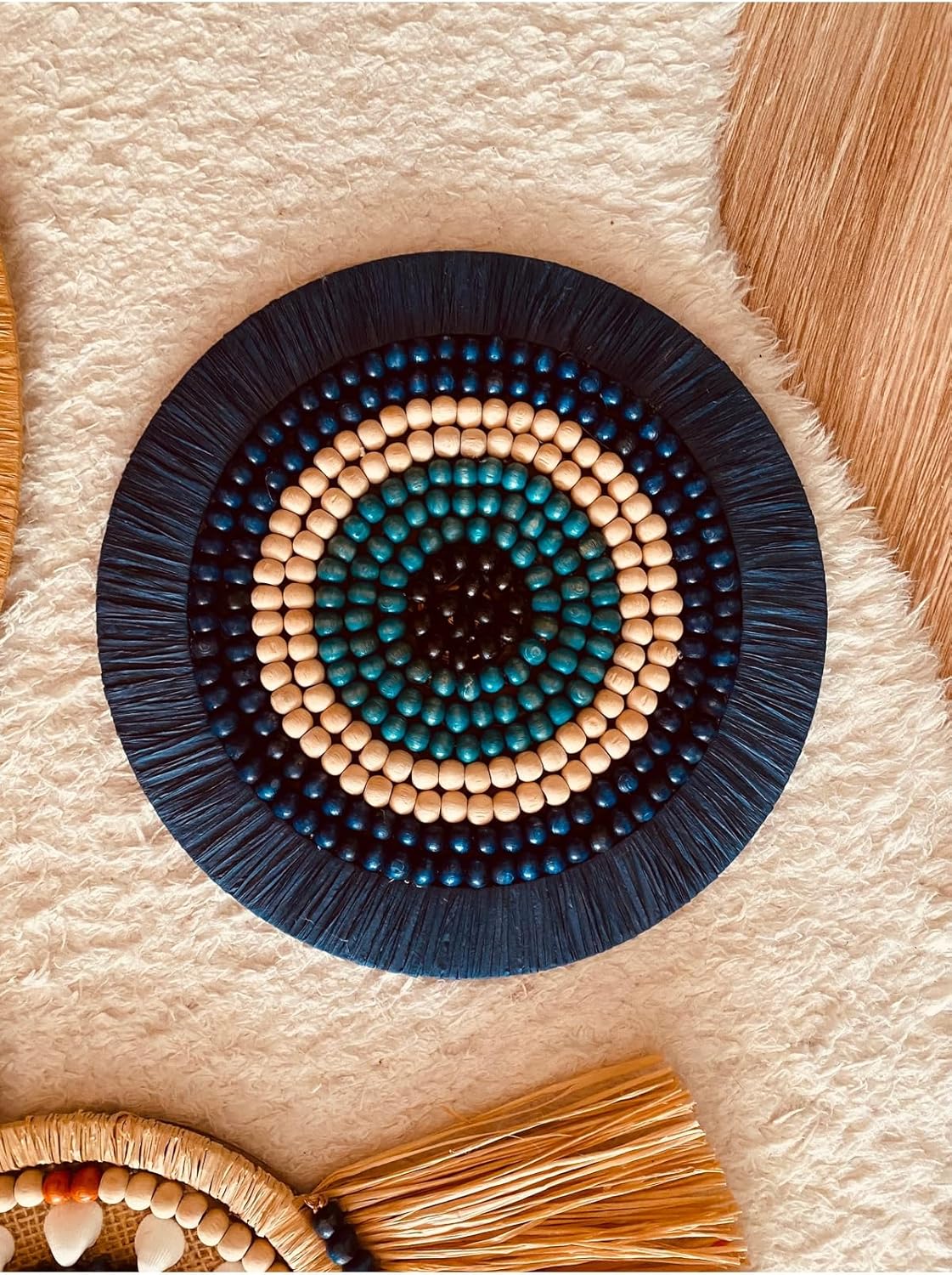 Wooden Beaded Evil Eye Wall Hanging 25 cm (9.8 inch) - Handcrafted Turkish Nazar Boncugu with Navy Blue Accents