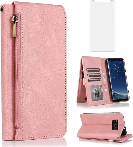 Asuwish Compatible con Samsung Galaxy S8 Active - Funda tipo cartera con protector de pantalla y cremallera de cuero retro, soporte para tarjetas,
