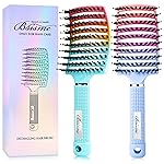 Boar Bristle Hair Brush, Curved Vented Detangler Brush Faster Blow Drying, Paddle Detangling Brush for Women Men Kids Wet Dry Long Curly Thick Straight Hair, Make Hair Shiny and Healthier(Green+Blue)