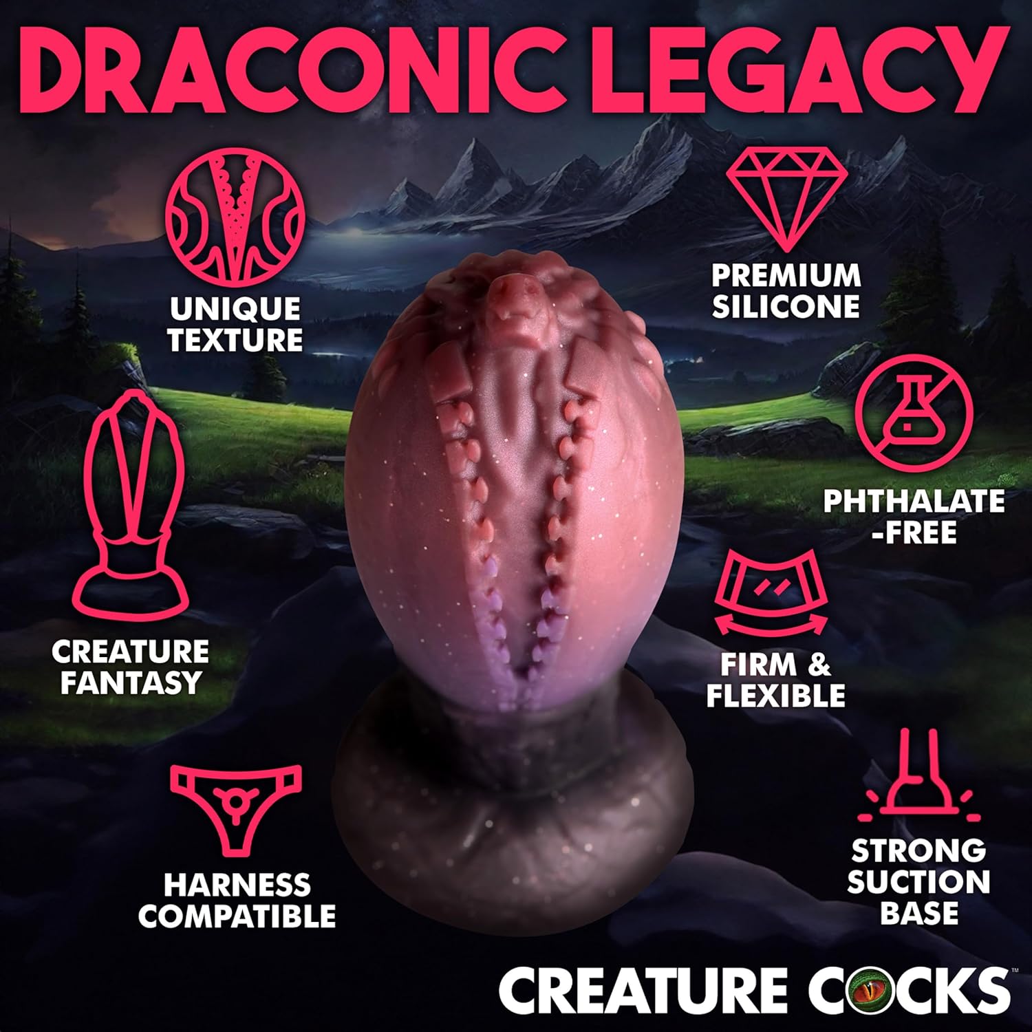 CREATURE COCKS Dragon Hatch Silicone Egg for Men, Women, & Couples. Squishy, Thick and Textured Fantasy X-Large Egg Plug. Harness Compatible, Wide Base. 1 Piece. Purple.
