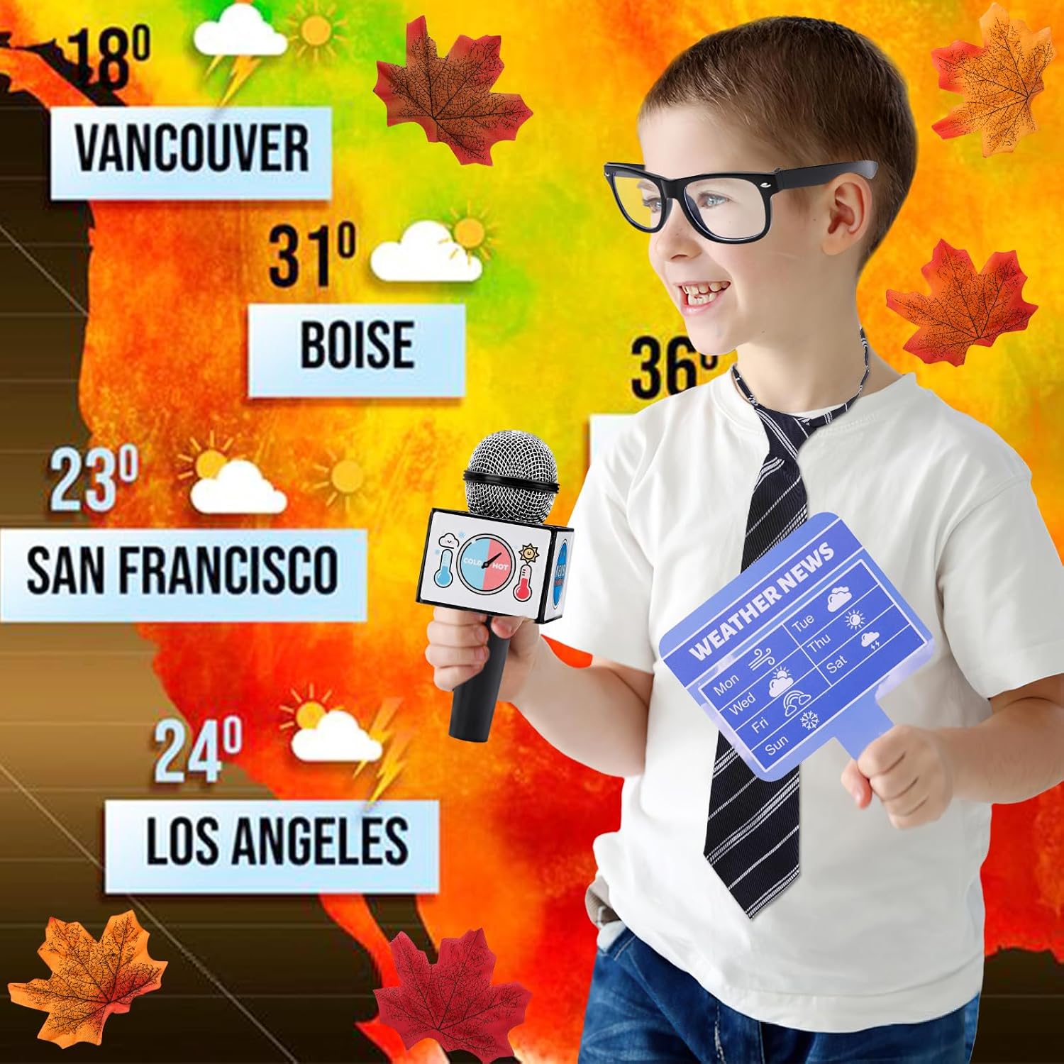 Kids Meteorologist Costume Set Weather Toys for Kids Glasses Microphone Weather Man Necktie Maple Leaves Weather Chart Prop for Career Day Party