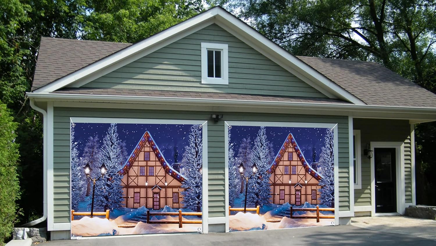 7x8ft Winter Snowy Cottage Garage Door Decor Cozy House Scene Snow Covered Pine Trees Warmly Lanterns Snowfall Atmosphere Garage Door Cover for Festive Serene Natural Landscape Props