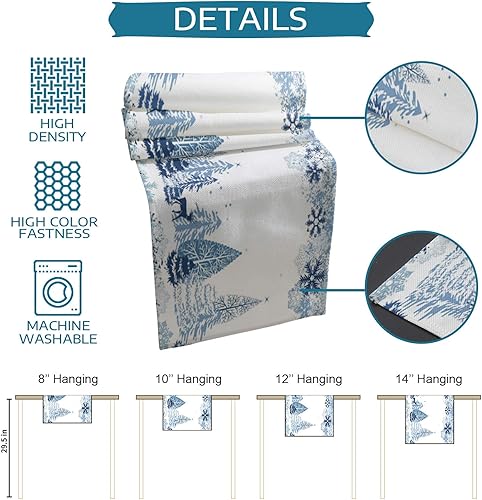 Miniatura 6 de Camino de mesa de Navidad de 72 pulgadas con copos de nieve azul para invierno, blanco, para Navidad, renos, alces, bosque, cena, camino, decoración