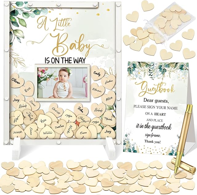 65 Pcs Greenery Baby Shower Guest Book Alternative He or She Gender Reveal Baby Shower Decorations Favors Sign in Guest Book with Sage Green Picture Frame and 60 Heart Chip for Party Supplies