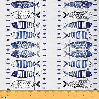 jejeloiu Ocean Fish Fabric by The Yard Blue and White Ocean Upholstery Fabric for Sewing Crafting Nautical Fish Design Soft Flannel Indoor Decor for Home DIY Projects Sea World 10 Yards