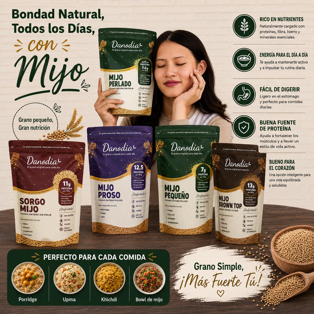 Danodia Foods Mijo Perla Pearl Millet Integral No Pulido 950 g / 2 lb, Cereal de Grano Entero Sin Gluten, Alto en Fibra 8,5 g por 100 g, No OGM, Vegano
