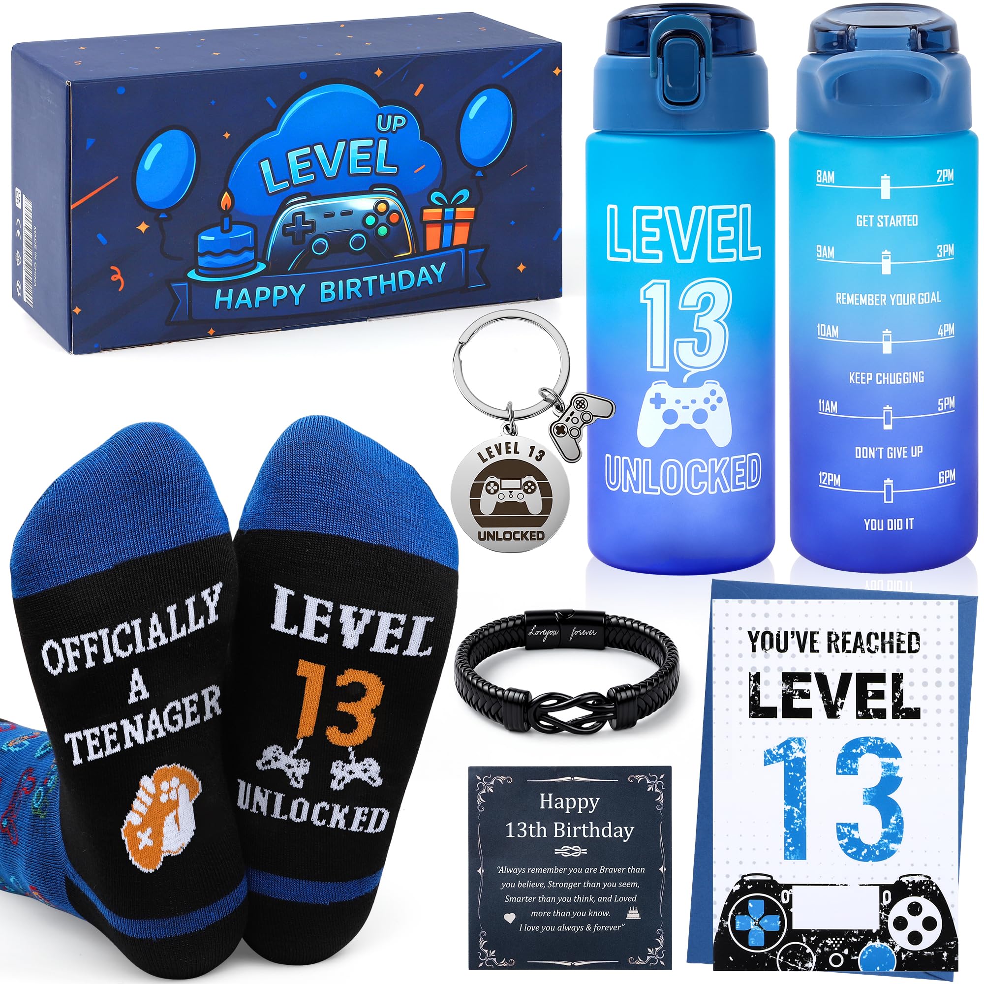 EccoDen 13th Birthday Gifts for Boys Age 13 – Funny Gamer Gift Set with Sports Water Bottle, Gamepad Keyring, Level 13 Socks & Bracelet – Cool Birthday Presents for Gamer Kids