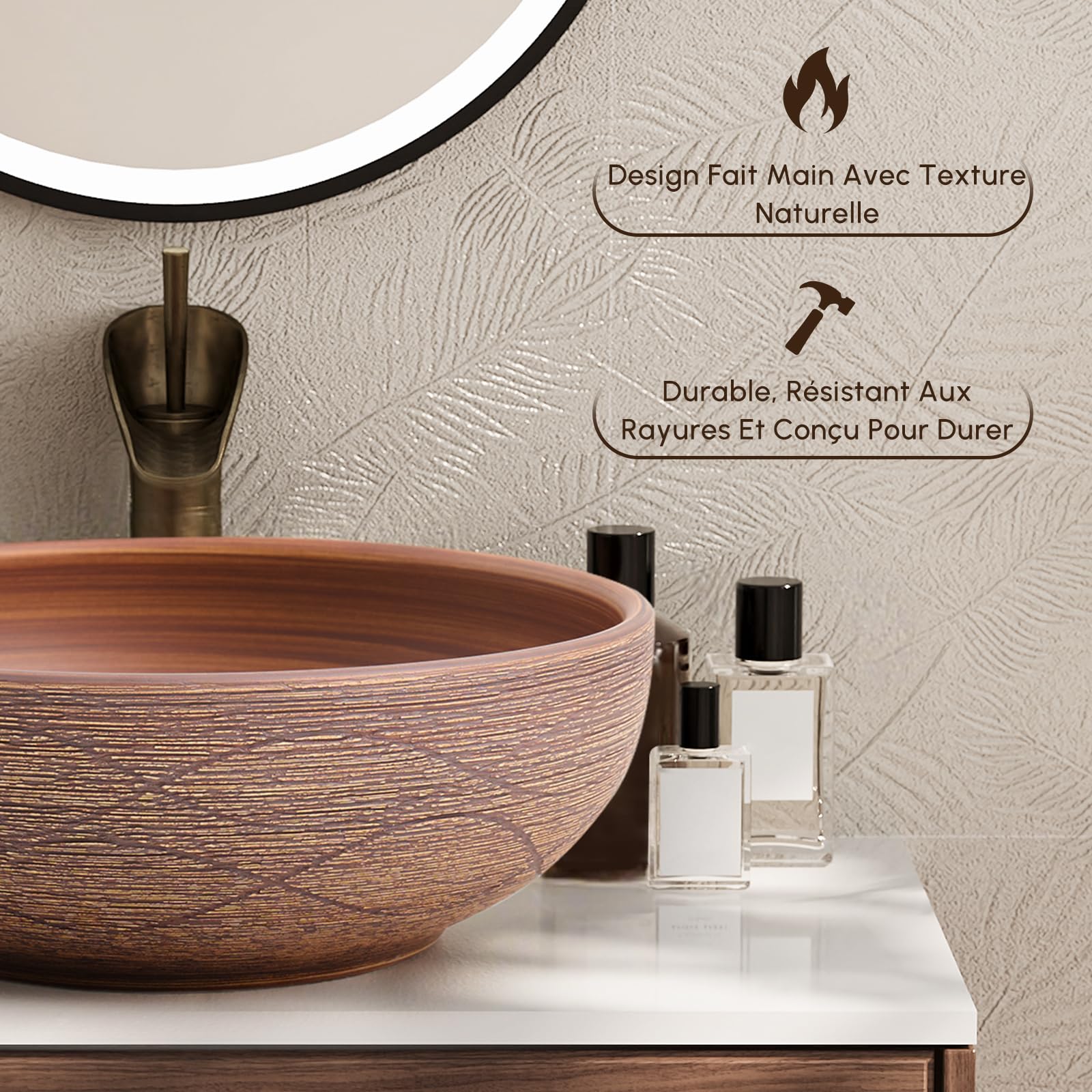 Homary Vasque à Poser Salle de Bain Rond 40 cm, Lavabo Salle de Bain en Céramique Rétro, Vasque à Poser Salle de Bain Élégante, Facile à Installer, Rond