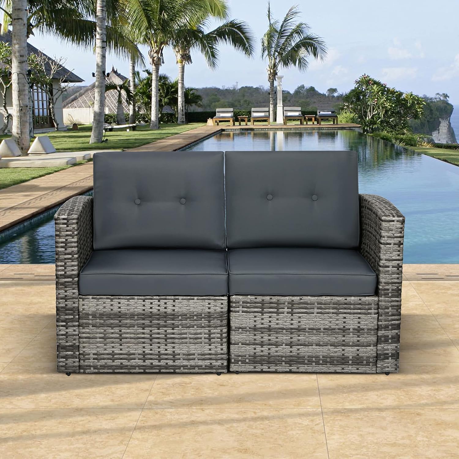 Green4ever Patio Loveseats 2 Piece Outdoor All Weather Sectional Sofa Rattan Wicker Corner Sofa, Grey Wicker Grey Cushions