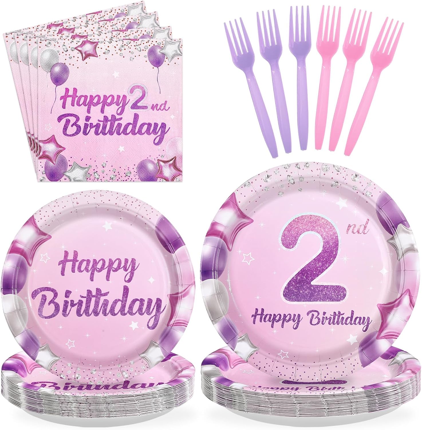 96Pcs Pink Purple 2nd Birthday Party Decorations Pastel 2nd Birthday Plates and Napkins Tableware Sets Pink Star Decorations Favors for Girls Baby Two Year Old Party Supplies Serves 24