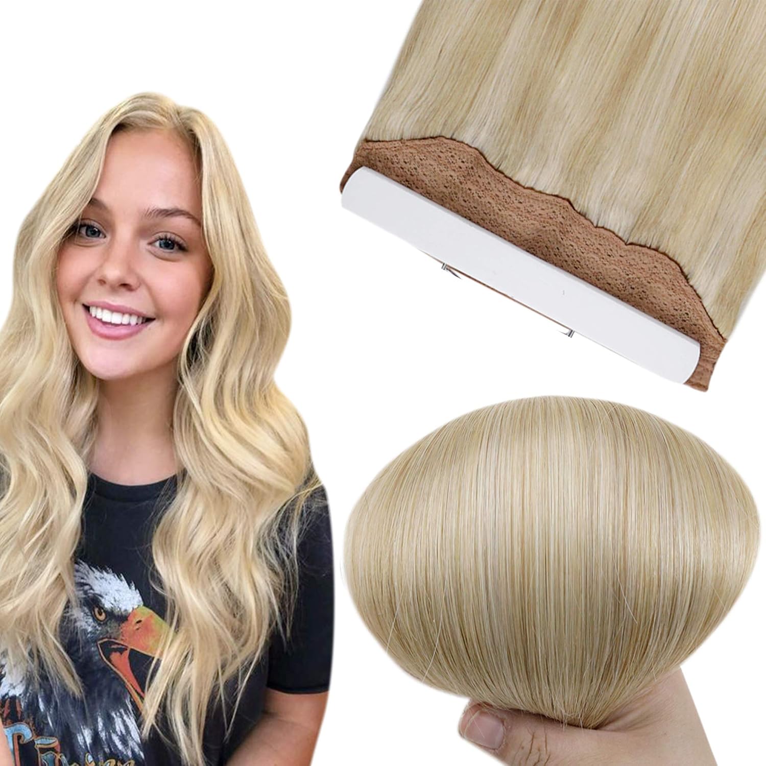 Easyouth Wire Hair Extensions Human Hair Blonde Highlight Fish Line Human Hair Extensions Honey Blonde Mixed Bleach Blond Invisible Wire Extension for Volume 12Inch 70g #27P613