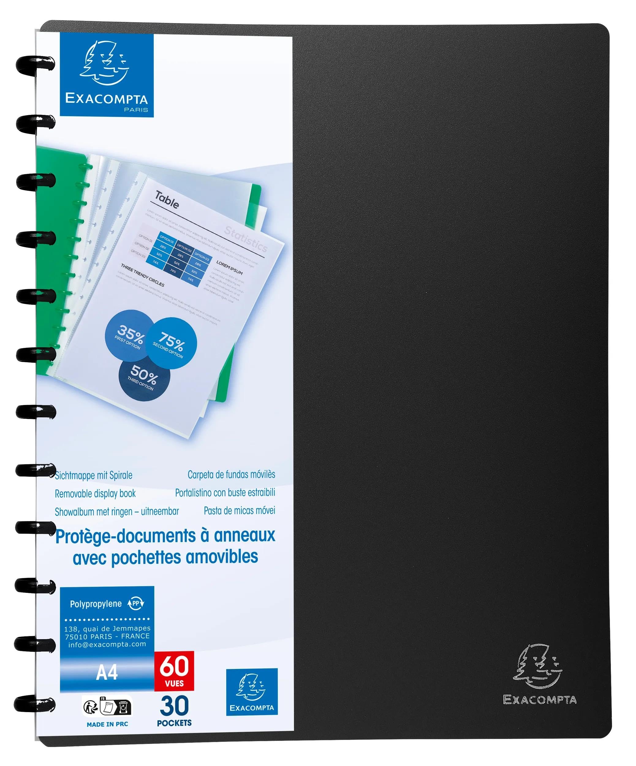 Exacompta - Rif. 86351E - Cartone da 4 portadocumenti rimovibile ad anelli con 30 buste grana staccabili, 60 viste, per A4, dim 24,5 x 31 cm, copertina rigida opaca, colore nero