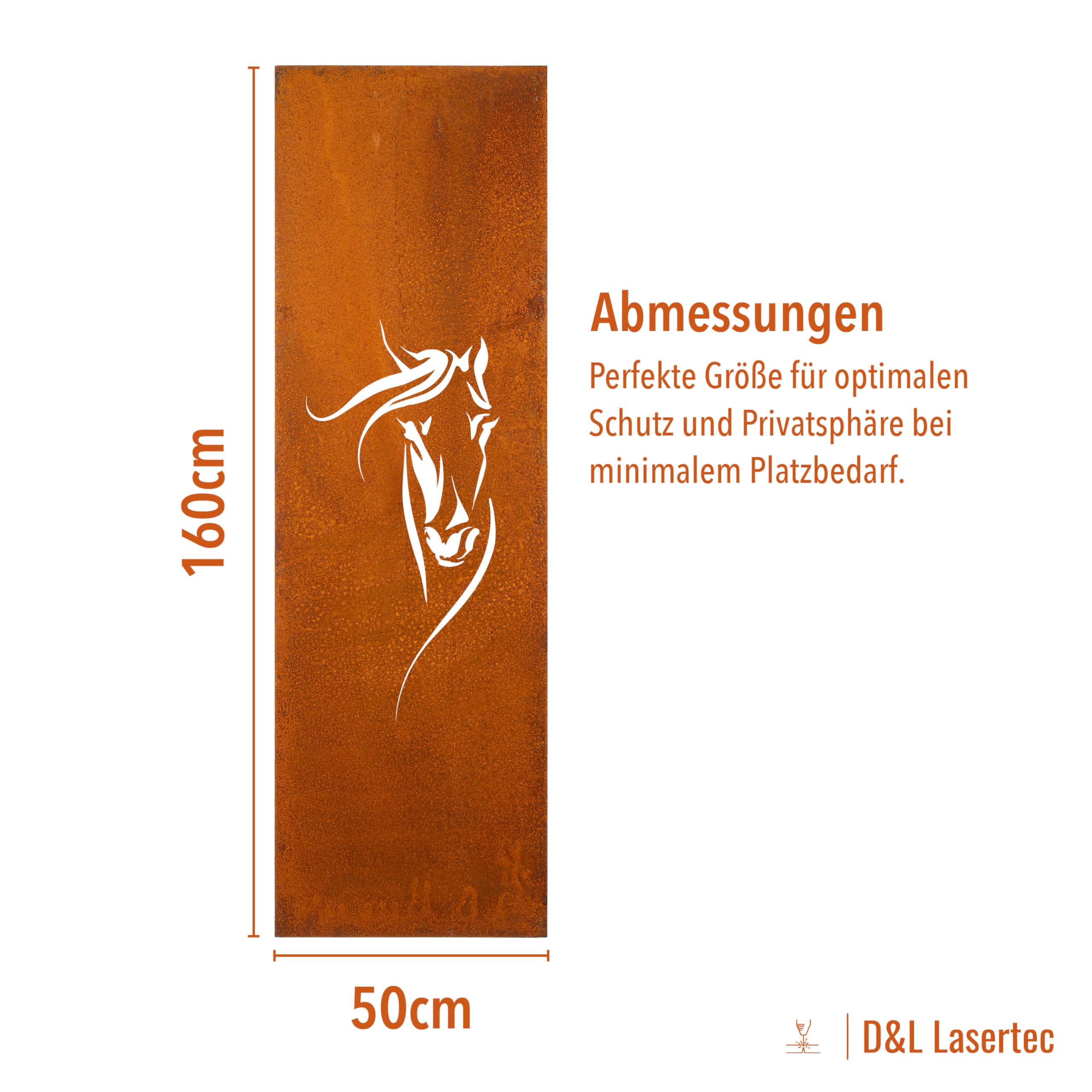 D&L Lasertec Edelrost Garten Sichtschutz, Wand, Rost, Sichtschutzwand Metall 160x50 cm, Pferd, Pferdekopf, Gartendeko, Deko, Schild, Stellwa