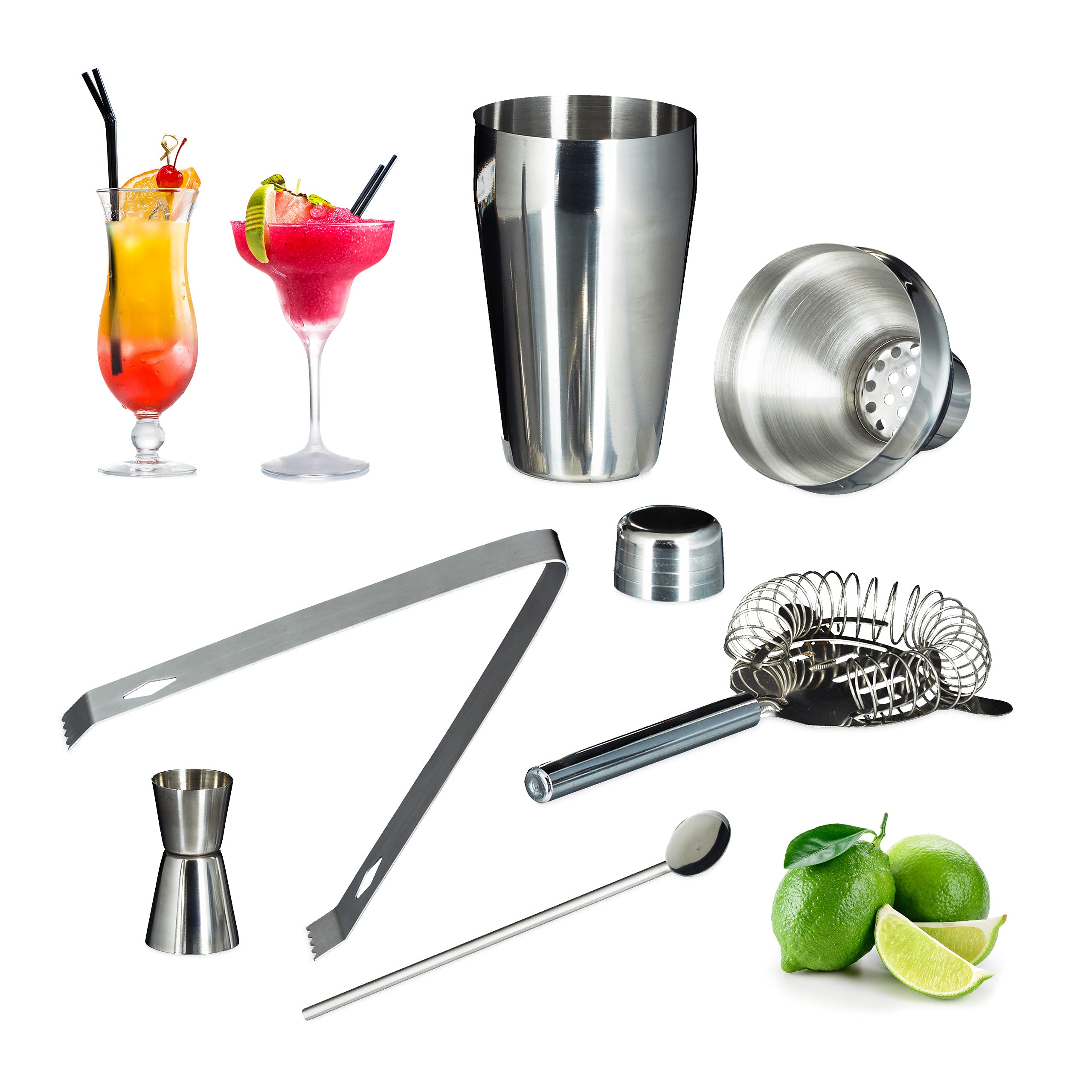 Relaxdays Set 8 Kits Cóctel 5 Piezas c/u, Set de Coctelera con Accesorios, Acero Inoxidable, para Batidos y Cócteles, Plateado