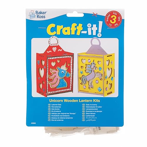 Miniatura 10 de Baker Ross AX665 - Juego de 3 faroles de unicornio, manualidades de madera para actividades de arte y manualidades infantiles, ideal para fiestas